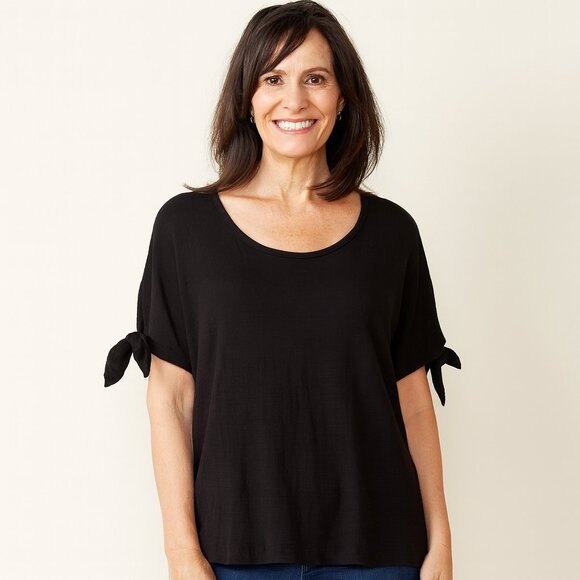 Max Studio Black Tie-Sleeve Blouse – Classic Scoop Neck, Effortless Style - Picture 1 of 6